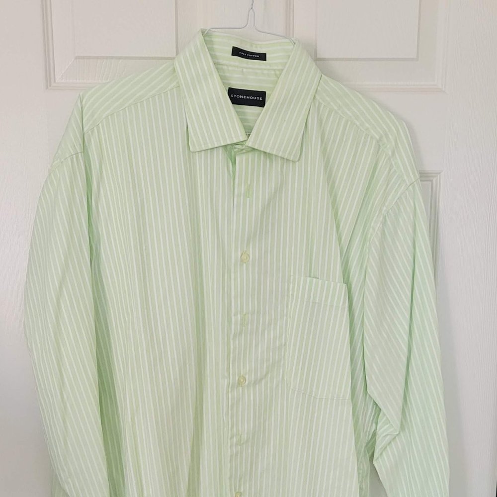 STONEHOUSE Men's Dress Shirt, 18L, Light Green stripped